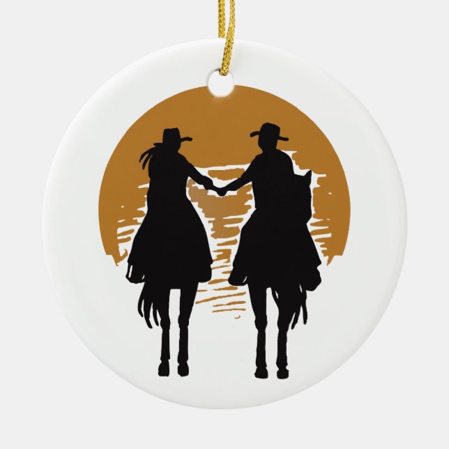 Ornamento De Cerâmica Cowgirl e Cowboy (Frente)