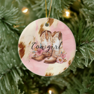 Ornamento De Cerâmica Cowgirl Pink Cream Brown Cowhide Floral Boots