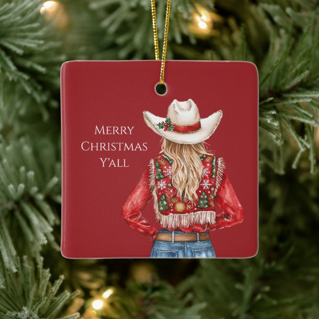 Ornamento De Cerâmica Cowgirl Western Blond Hair Christmas   (Árvore)
