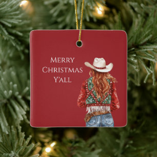 Ornamento De Cerâmica Cowgirl Western Cabelo Vermelho Natal