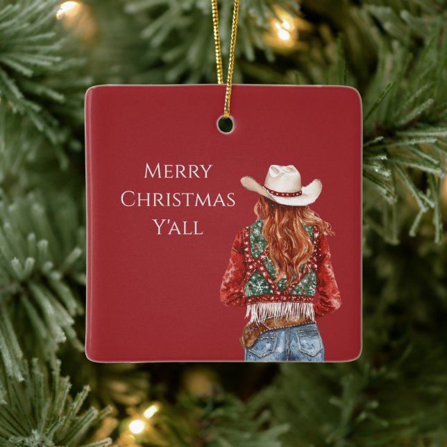 Ornamento De Cerâmica Cowgirl Western Red Hair Christmas   (Árvore)