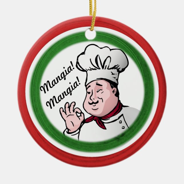 Ornamento De Cerâmica Cozinheiro chefe italiano: Mangia Mangia (Frente)