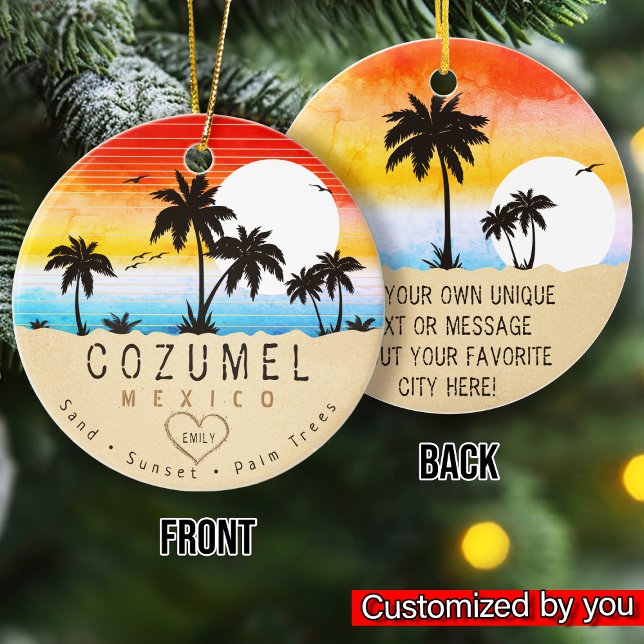 Ornamento De Cerâmica Cozumel México Retro Sunset Palm tree Souvenir 60s (Criador carregado)