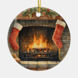 Ornamento De Cerâmica Cozy Christmas Fireplace Ornament | Personalized