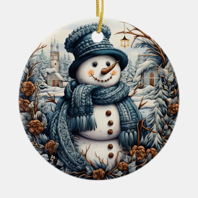 Ornamento De Cerâmica Cozy Embroidery Snowman Christmas – Holiday  (Frente)
