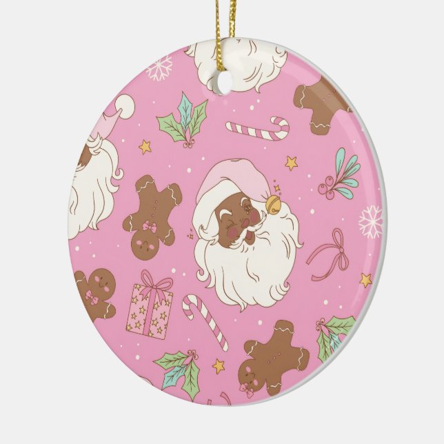 Ornamento De Cerâmica Cozy Pink Pastel Black Santa & Bow Christmas (Esquerda)