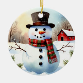 Ornamento De Cerâmica Cozy Snowman in Winter Field Watercolor Christmas