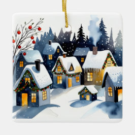 Ornamento De Cerâmica Cozy Winter Village Watercolor Christmas Square