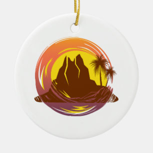 Ornamento De Cerâmica Crachá com paisagem vulcânica tropical e palmeiras