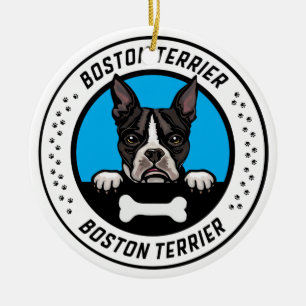 Ornamento De Cerâmica Crachá de Ilustração de Peeking de Boston Terrier