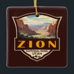 Ornamento De Cerâmica Crachá Retroativo da Ilustração do Parque Nacional<br><div class="desc">Zion vetor trabalho de arte design. O parque é uma zona natural de Utah a sudoeste,  que se distingue pelos penhascos vermelhos íngremes de Zion Canyon.</div>