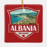 Ornamento De Cerâmica Crachá Retroativo de Ilustração da Albânia<br><div class="desc">Design de vetor de Albânia. A Albânia,  na Península dos Balcãs do Sudeste da Europa,  é um pequeno país com costas Adriáticas e jônicas e um interior atravessado pelos Alpes albaneses.</div>