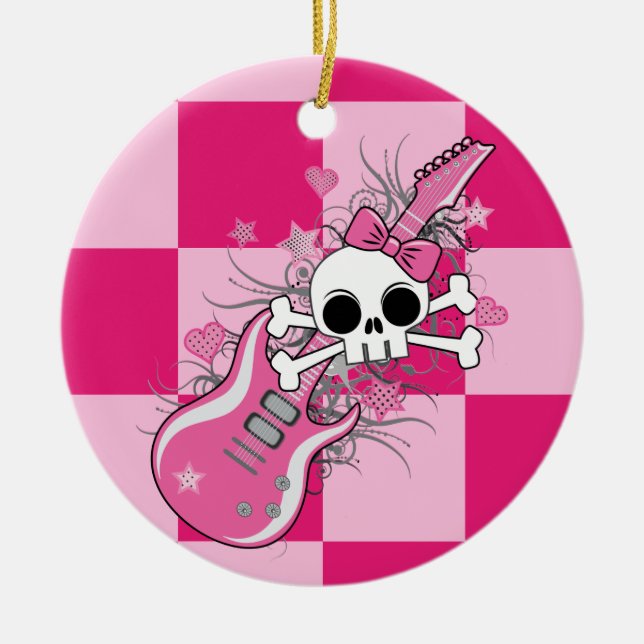 Ornamento De Cerâmica Crânio bonito com violão rosa (Frente)