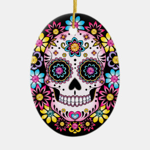 Ornamento De Cerâmica Crânio de Açúcar com Flores Coloridas