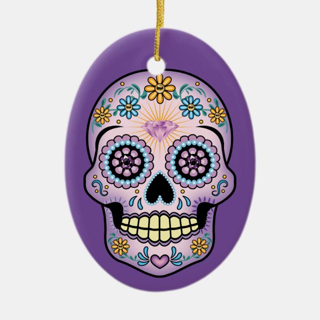 Ornamento De Cerâmica Crânio de Açúcar Roxo (Frente)