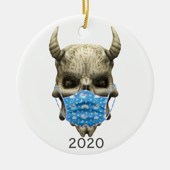 Ornamento De Cerâmica Cranio de demônio Covid 2020 com máscara facial Go (Frente)
