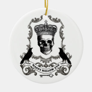 Ornamento De Cerâmica Crânio de Halloween moderno e vintage com a coroa