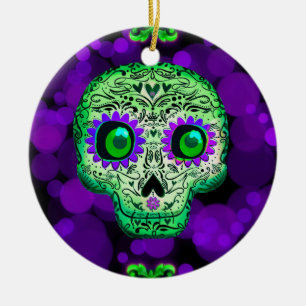 Ornamento De Cerâmica Crânio de incandescência verde & roxo o Dia das