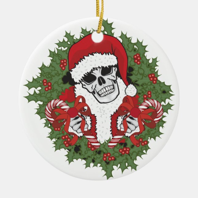 Ornamento De Cerâmica Crânio do papai noel com grinalda (Frente)