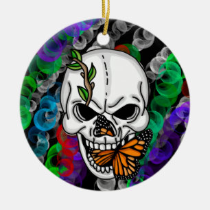 Ornamento De Cerâmica Crânio e Borboleta Monarca Natal ou Halloween