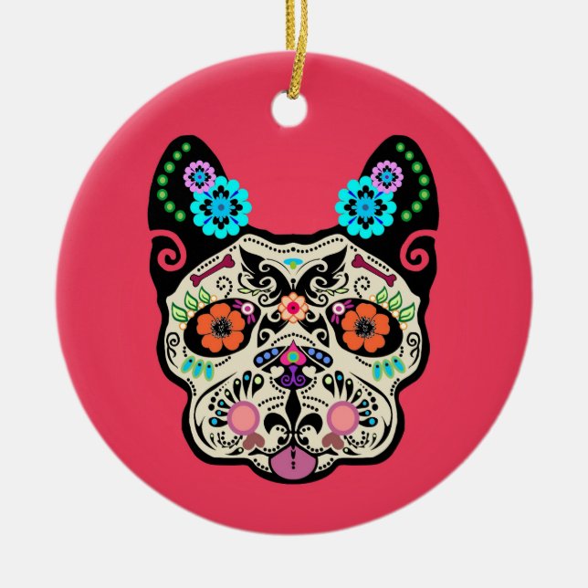 Ornamento De Cerâmica Crânio Frenchie do açúcar - rosa (Frente)