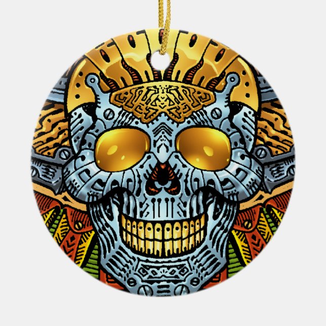 Ornamento De Cerâmica Crânio gótico com armas e balas pelo Al Rio (Frente)