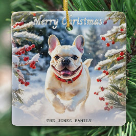 Ornamento De Cerâmica Cream Bulldog Francês em Neve Feliz Natal