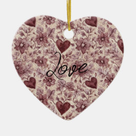 Ornamento De Cerâmica Cream Burgundy Red Hearts Flowers