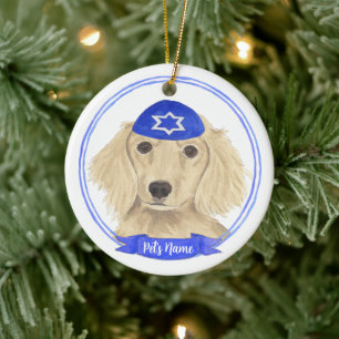 Ornamento De Cerâmica Creme personalizado inglês Dachshund Dog Hanukkah