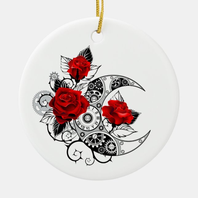Ornamento De Cerâmica Crescente Mecânico com Rosas Vermelhas (Frente)