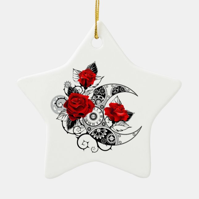 Ornamento De Cerâmica Crescente Mecânico com Rosas Vermelhas (Frente)