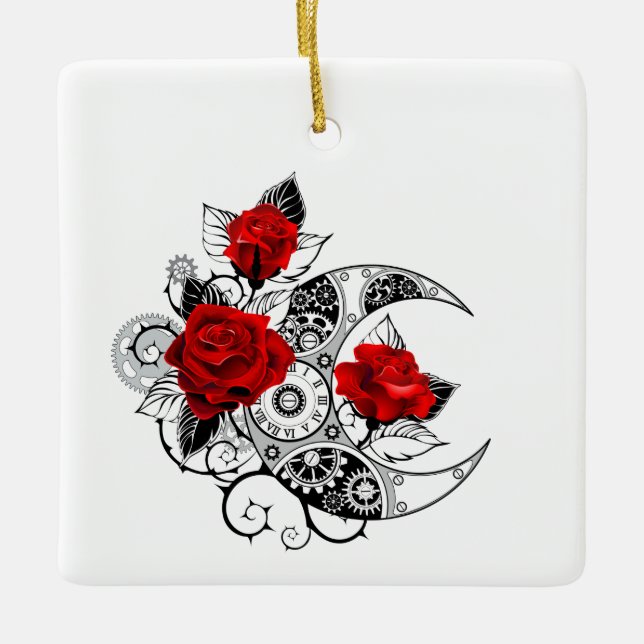 Ornamento De Cerâmica Crescente Mecânico com Rosas Vermelhas (Frente)