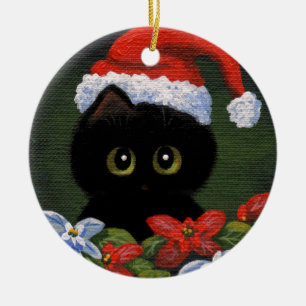 Ornamento De Cerâmica Criacionistas do Natal Black Cat Papai Noel Engra