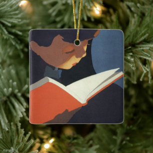 Ornamento De Cerâmica Criança Antiga Lendo um Livro da Biblioteca