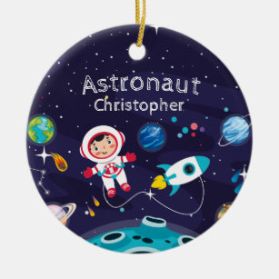 Ornamento De Cerâmica Criança astronauta na lua, nome monograma