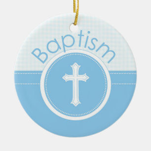 Ornamento De Cerâmica Criança Azul e Personalizável do Batismo de Deus