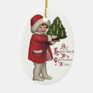 Ornamento De Cerâmica Criança com Árvore de Natal Ilustração Antiga Arte