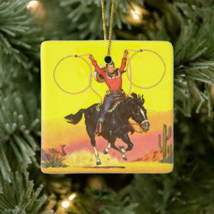 Ornamento De Cerâmica Criança Cowboy em Cavalo com Cordas na Cena S.W.