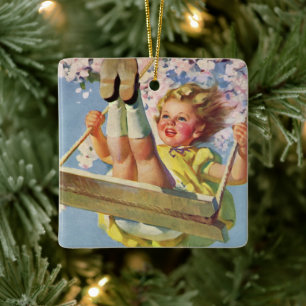 Ornamento De Cerâmica Criança do vintage, menina que balança em um jog