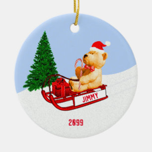 Ornamento De Cerâmica Criança: Urso de Teddy no Sled w Presente