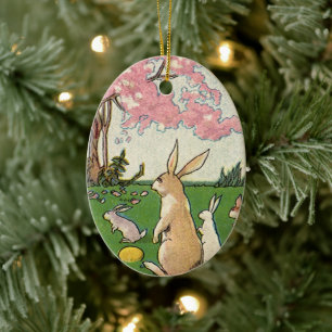 Ornamento De Cerâmica Criança Vintage numa Caça de Ovos de Páscoa com An