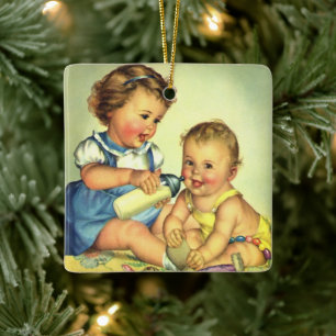 Ornamento De Cerâmica Crianças Antigas, Bebês Felizes Sorriem com Mamade