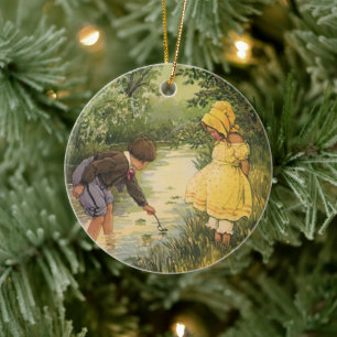 Ornamento De Cerâmica Crianças Antigas, Menino e Menina Brincando ao lad