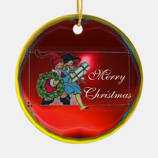 ORNAMENTO DE CERÂMICA CRIANÇAS COM PRESENTES DE NATAL (Frente)