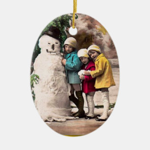 ORNAMENTO DE CERÂMICA CRIANÇAS COM SNOWMAN