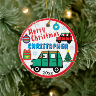 Ornamento De Cerâmica Crianças de Natal FOTO Nome Verde Vermelho Carros