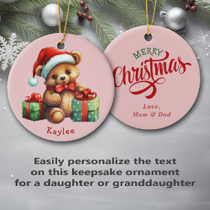 Ornamento De Cerâmica Crianças de Papai Noel com Urso Bonito