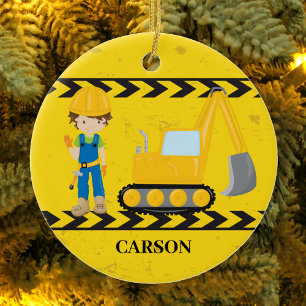 Ornamento De Cerâmica Crianças Personalizadas da Escavadora de Constru