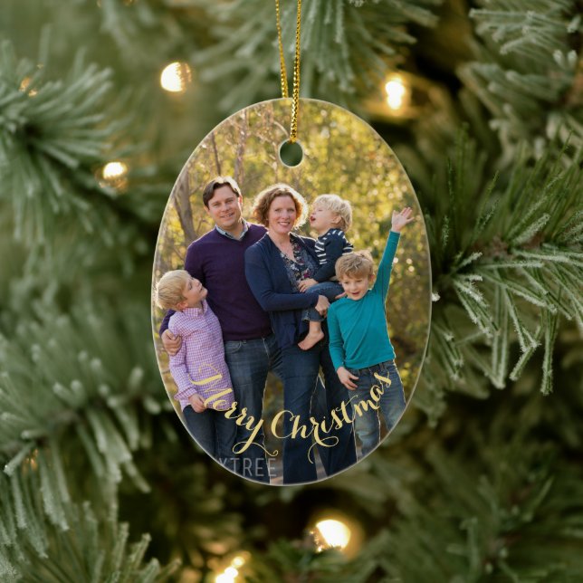 Ornamento De Cerâmica Criar Foto Personalizada Texto Dourado Oval Natal (Árvore)