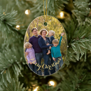 Ornamento De Cerâmica Criar Natal Oval de Texto Dourado Personalizado